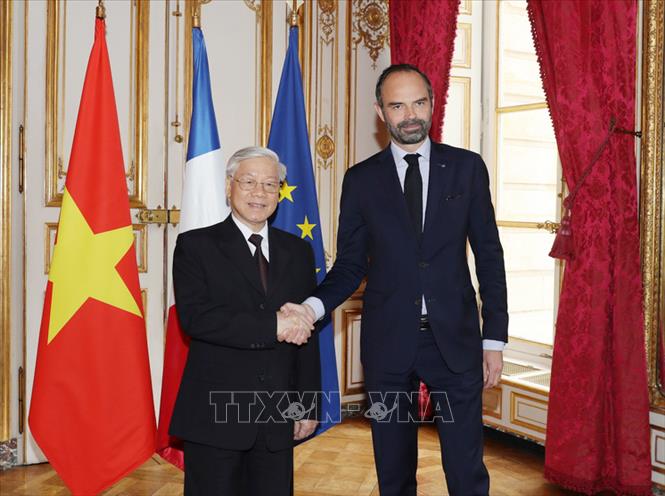 Trong ảnh: Tổng Bí thư Nguyễn Phú Trọng hội kiến Thủ tướng Pháp Édouard Phillippe, chiều 26/3/2018, tại Phủ Thủ tướng ở Thủ đô Paris, trong chuyến thăm cấp Nhà nước tới Pháp. Ảnh: Trí Dũng – TTXVN