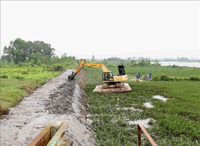 Trong ảnh: Công ty TNHH MTV khai thác công trình thủy lợi Đa Độ triển khai đắp mới đoạn đê bao sông Đa Độ thuộc địa bàn phường Phù Liễn, quận Kiến An. Ảnh: Vũ Sinh - TTXVN