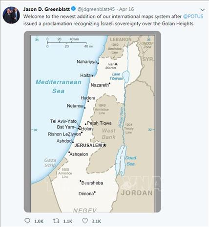 Trong ảnh: Bản đồ chính thức về Israel, trong đó có Cao nguyên Golan, trên trang mạng Twitter của Đặc phái viên Tổng thống Mỹ về Trung Đông Jason Greenblatt, ngày 17/4/2019. Ảnh: Twitter/TTXVN