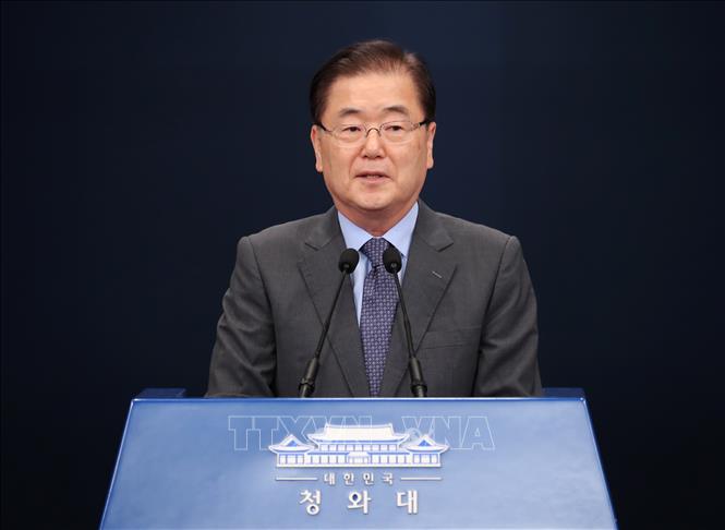 Trong ảnh (tư liệu): Giám đốc Văn phòng An ninh Quốc gia Hàn Quốc Chung Eui-yong phát biểu trong cuộc họp báo tại thủ đô Seoul. Ảnh: Yonhap/TTXVN