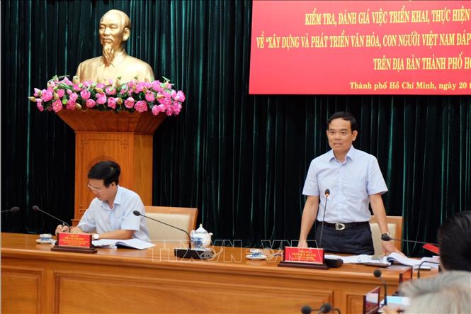 Trong ảnh: Đồng chí Trần Lưu Quang, Phó Bí thư Thường trực Thành ủy Thành phố Hồ Chí Minh phát biểu tại buổi làm việc. Ảnh: Thu Hoài - TTXVN