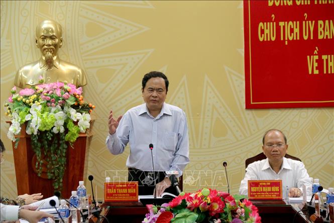 Trong ảnh: Chủ tịch UBTƯ MTTQ Việt Nam Trần Thanh Mẫn phát biểu tại buổi làm việc. Ảnh: Nguyễn Thanh - TTXVN