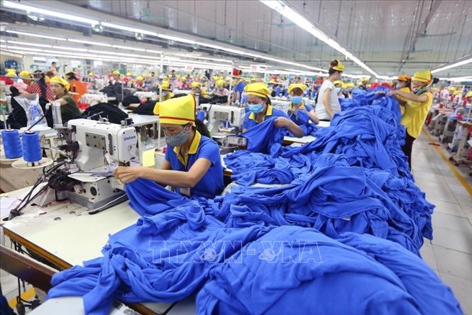 Trong ảnh: Công nhân sản xuất hàng may mặc tại Công ty TNHH Hana Kovi Việt Nam, 100% vốn đầu tư Hàn Quốc, tại Bắc Giang. Ảnh: Danh Lam-TTXVN