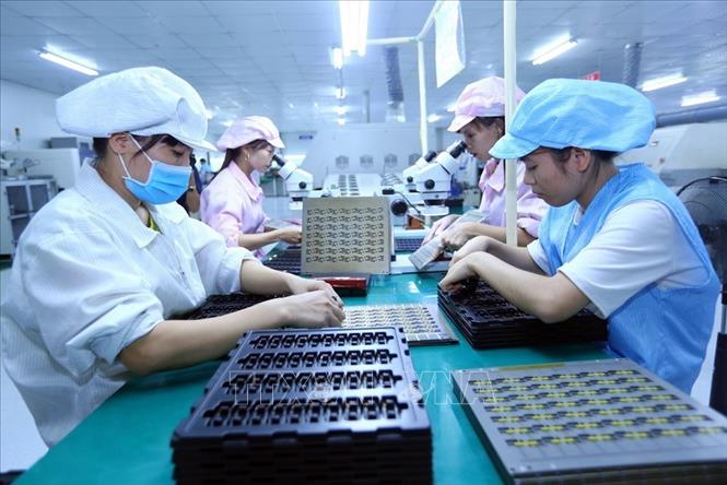 Trong ảnh: Dây chuyền sản xuất linh kiện điện tử tại Công ty TNHH Bao Sen, vốn đầu tư của Trung Quốc, tại Bắc Giang. Ảnh: Danh Lam-TTXVN