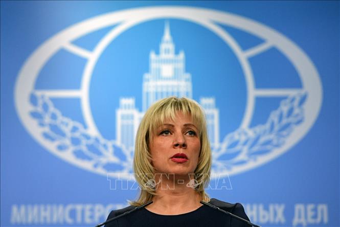 Trong ảnh: Người phát ngôn Bộ Ngoại giao Nga Maria Zakharova tại cuộc họp báo ở Moskva, Nga. Ảnh: AFP/TTXVN