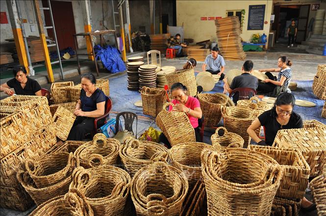 Photo: The products made from weaving water hyacinths usually have three different patterns: rice-like pattern, fishbone pattern and spider web pattern. VNA Photo: Minh Đức