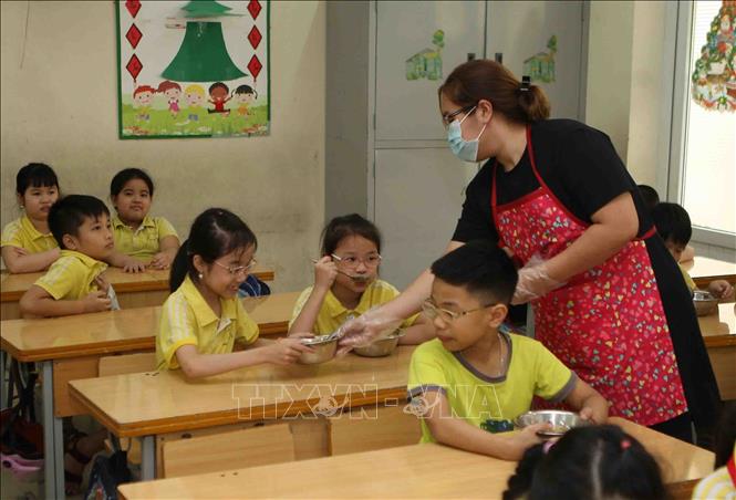 Trong ảnh: Học sinh ăn bán trú tại Trường Tiểu học Phương Liên. Ảnh: Thanh Tùng-TTXVN
