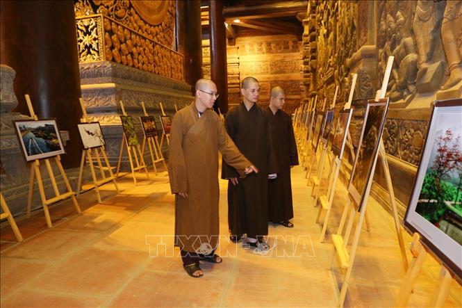 Trong ảnh: Các tăng ni, Phật tử tham quan Triển lãm văn hóa Phật giáo. Ảnh: Thành Đạt - TTXVN