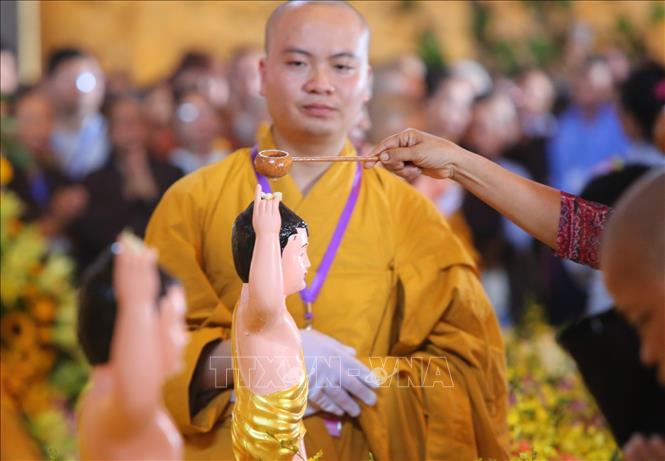 
Trong ảnh: Tăng, ni thực hiện nghi lễ Tắm Phật tại điện Pháp Chủ, chùa Tam Chúc. Ảnh: Thành Đạt - TTXVN