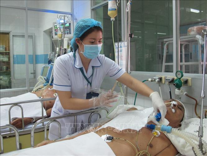 Trong ảnh: Điều dưỡng viên Bệnh viện Bệnh Nhiệt đới Thành phố Hồ Chí Minh chăm sóc cho bệnh nhân tại Khoa Hồi sức tích cực - chống độc. Ảnh: Đinh Hằng - TTXVN