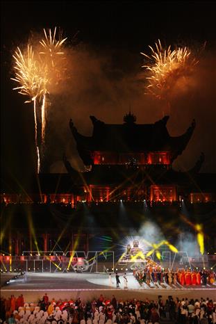 Photo: A firework performance at Tam Chuc Buddhism Culture Centre. VNA Photo