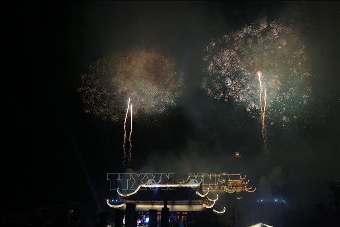 Photo: A firework performance at Tam Chuc Buddhism Culture Centre. VNA Photo