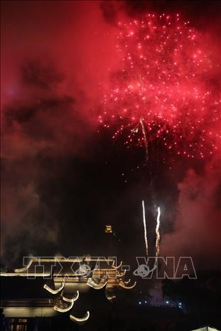 Photo: A firework performance at Tam Chuc Buddhism Culture Centre. VNA Photo