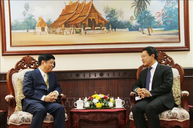 Photo: Lao Foreign Minister Saleumxay Kommasith (R) receives Deputy Foreign Minister Nguyen Quoc Cuong (L). VNA Photo: Xuân Tú