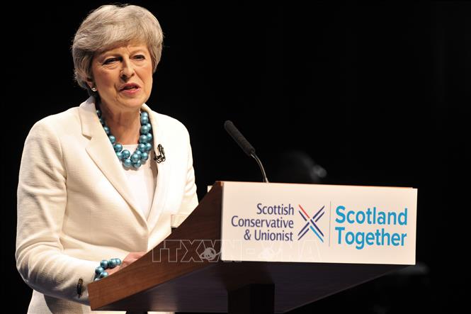 Trong ảnh: Thủ tướng Anh Theresa May phát biểu trong cuộc họp của đảng Bảo thủ Scotland ở Aberdeen ngày 3/5/2019. Ảnh: AFp/TTXVN