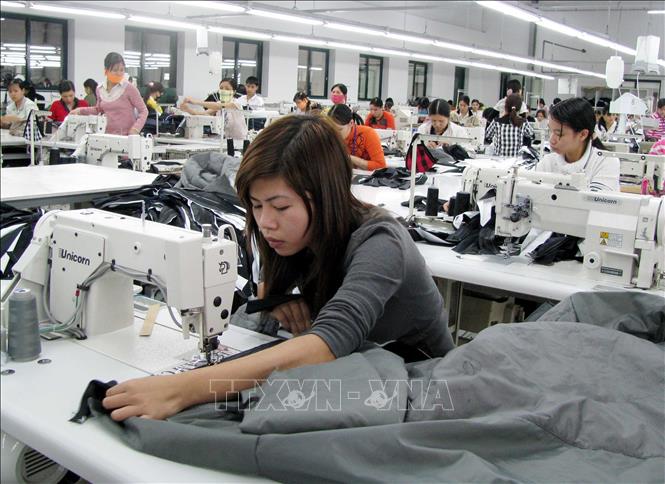 Trong ảnh: Sản xuất đồ may mặc tại Công ty TNHH Youngone Hưng Yên (huyện Kim Động) có vốn đầu tư Trung Quốc . Ảnh: Phạm Kiên - TTXVN