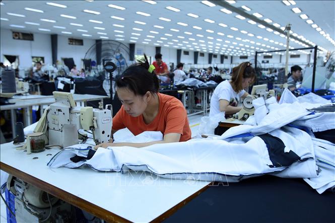 Trong ảnh: Sản xuất các mặt hàng may mặc xuất khẩu tại Công ty TNHH Kydo Việt Nam có vốn đầu tư Hàn Quốc (Khu Công nghiệp Phố nối A, Hưng Yên). Ảnh: Pham Kiên - TTXVN