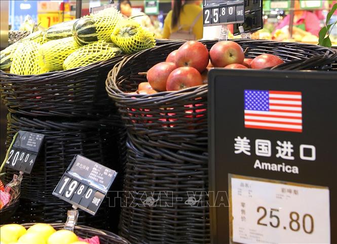 24. Theo hãng tin Bloomberg, thông báo ngày 13/5/2019 trên trang web của Chính phủ Trung Quốc cho biết gần 2.500 hàng hóa Mỹ trị giá 60 tỷ USD sẽ chịu mức thuế 25% từ 1/6/2019. Trong khi đó, Reuters dẫn nguồn tin Bộ Tài chính Trung Quốc cho hay sẽ áp đặt mức thuế mới với tổng cộng 5.140 mặt hàng nhập khẩu từ Mỹ. Phản ứng trên được cho là nhằm đáp trả quyết định của Mỹ ngày 10/5/2019 về việc tăng thuế từ 10% lên 25% đối với số hàng hóa nhập khẩu từ Bắc Kinh với tổng trị giá 200 tỷ USD. Trong ảnh: Hoa quả nhập khẩu từ Mỹ được bày bán tại một siêu thị ở Bắc Kinh, Trung Quốc. Ảnh: TTXVN phát


