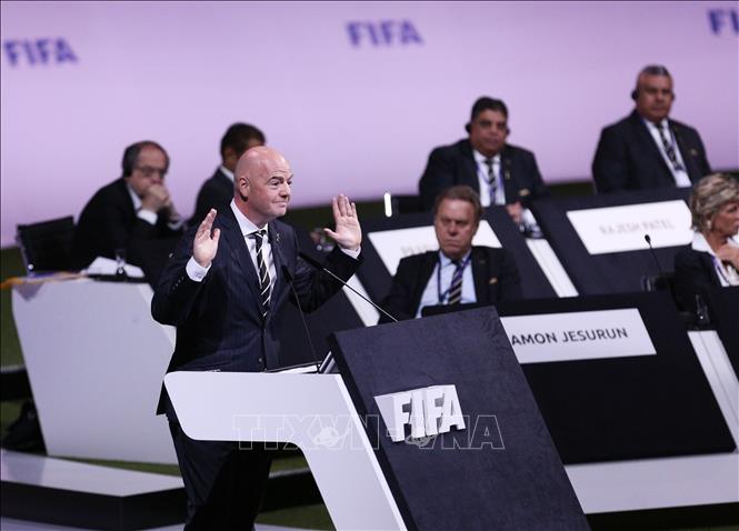 Trong ảnh: Ông Gianni Infantino phát biểu sau khi tái đắc cử nhiệm kỳ 2 chức Chủ tịch FIFA. Ảnh: THX/TTXVN