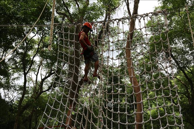 Photo: A visitor challenges herself with net climbing at Ozo Treetop Park. VNA Photo: Mạnh Thành