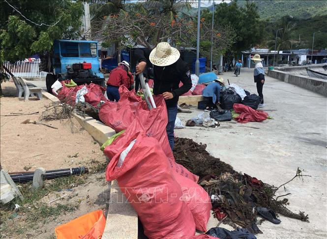 Trong ảnh: Đội xung kích tình nguyện gom rác thải để chuyển đến nơi xử lý. Ảnh: Công Thử - TTXVN