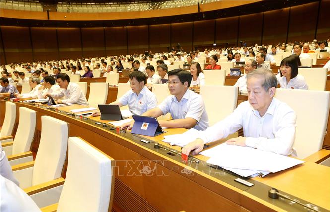 Trong ảnh: Đoàn đại biểu quốc hội tỉnh Thừa thiên - Huế tham gia biểu quyết. Ảnh: Doãn Tấn - TTXVN