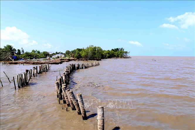 Trong ảnh: Tuyến đê biển ở ấp Kim Qui, xã Vân Khánh bị sóng biển đánh trôi hồi đầu tháng 6/2019. Ảnh: Vũ Sinh - TTXVN