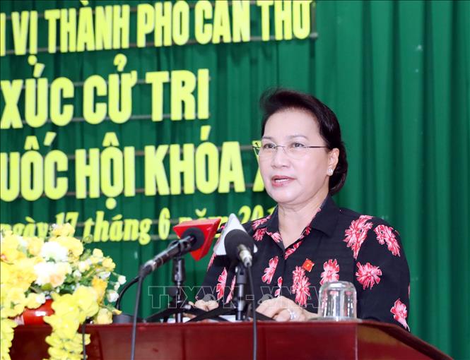 Chủ tịch Quốc hội Nguyễn Thị Kim Ngân phát biểu tại buổi tiếp xúc. Ảnh: Trọng Đức - TTXVN