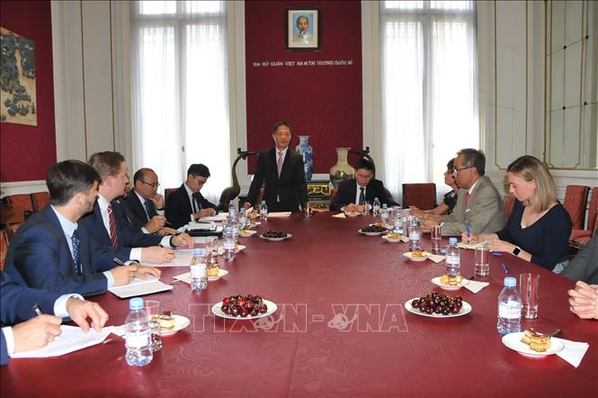Trong ảnh: Bộ trưởng Trần Tuấn Anh phát biểu tại buổi gặp gỡ với các Hiệp hội doanh nghiệp châu Âu. Ảnh: Kim Chung-Pv TTXVN tại Brussels