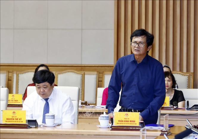 Trong ảnh: Đồng chí Trần Bình Minh, Uỷ viên Trung ương Đảng, Tổng giám đốc Đài Truyền hình Việt Nam phát biểu tại buổi làm việc. Ảnh: Thống Nhất -TTXVN  