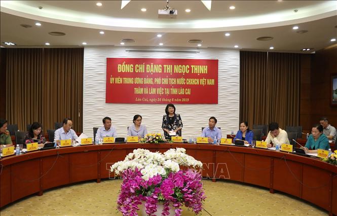Trong ảnh: Phó Chủ tịch nước Đặng Thị Ngọc thịnh phát buổi tại buổi làm việc. Ảnh: Quốc Khánh - TTXVN