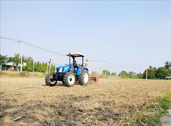 Trong ảnh: Thực hiện san phẳng mặt ruộng bằng thiết bị tia laser ở huyện Ninh Phước. Ảnh: Công Thử - TTXVN