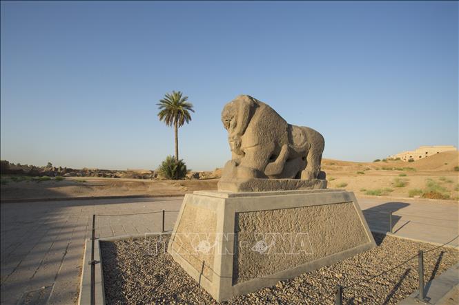 Trong ảnh: Tượng sư tử  Babel's Lion tại khu di tích cổ của Babylon ở phía nam thủ đô Baghdad, Iraq. Ảnh: AFP/TTXVN