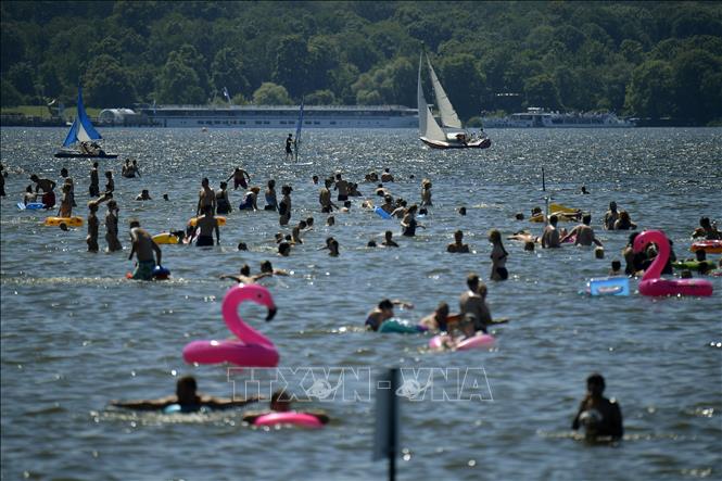Trong ảnh: Người dân giải nhiệt tại hồ Wannsee ở Berlin, Đức, ngày 30/6. Ảnh: AFP/TTXVN