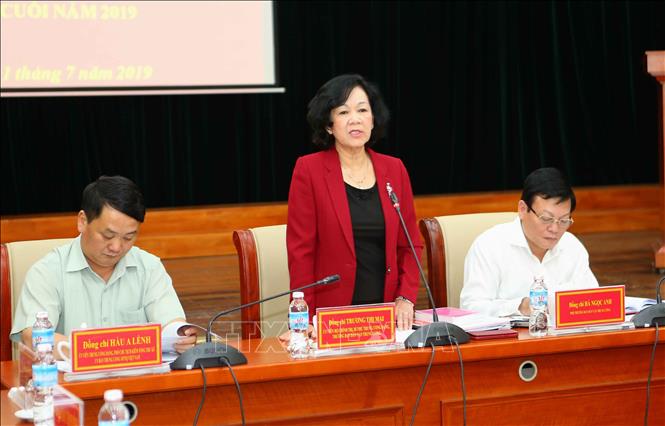 Trong ảnh: Đồng chí Trương Thị Mai, Ủy viên Bộ Chính trị, Bí thư Trung ương Đảng, Trưởng Ban Dân vận Trung ương phát biểu. Ảnh: Doãn Tấn - TTXVN