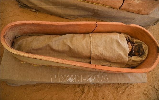 Trong ảnh: Một xác ướp được khai quật gần khu vực kim tự tháp Bent ở Giza, Ai Cập. Ảnh: THX/TTXVN