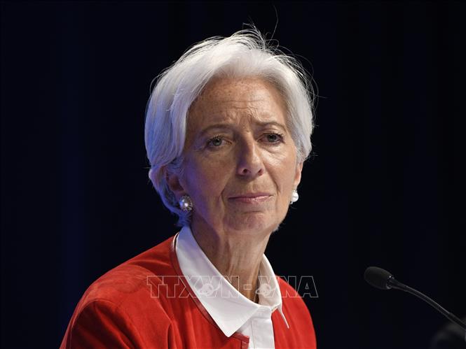 Trong ảnh: Tổng Giám đốc Quỹ Tiền tệ quốc tế (IMF) Christine Lagarde trong cuộc họp báo tại hội nghị Mùa Xuân IMF và Ngân hàng Thế giới (WB) ở Washington D.C. Ảnh: THX/TTXVN