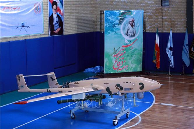 Trong ảnh (tư liệu do trang web chính thức của Bộ Quốc phòng Iran cung cấp): Một máy bay không người lái của Iran được trưng bày tại thủ đô Tehran. Ảnh: AFP/TTXVN