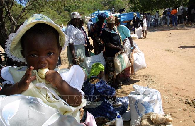 Trong ảnh: Người dân nhận lương thực cứu trợ của WFP tại Gwanda, Zimbabwe. Ảnh: AFP/TTXVN