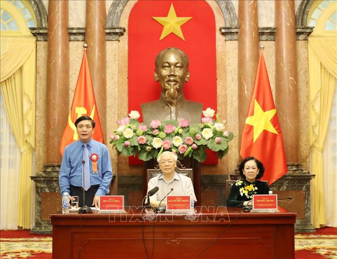 Trong ảnh:Đồng chí Bùi Văn Cường, Ủy viên Trung ương Đảng, Chủ tịch Tổng Liên đoàn Lao động Việt Nam phát biểu. Ảnh: Trí Dũng – TTXVN