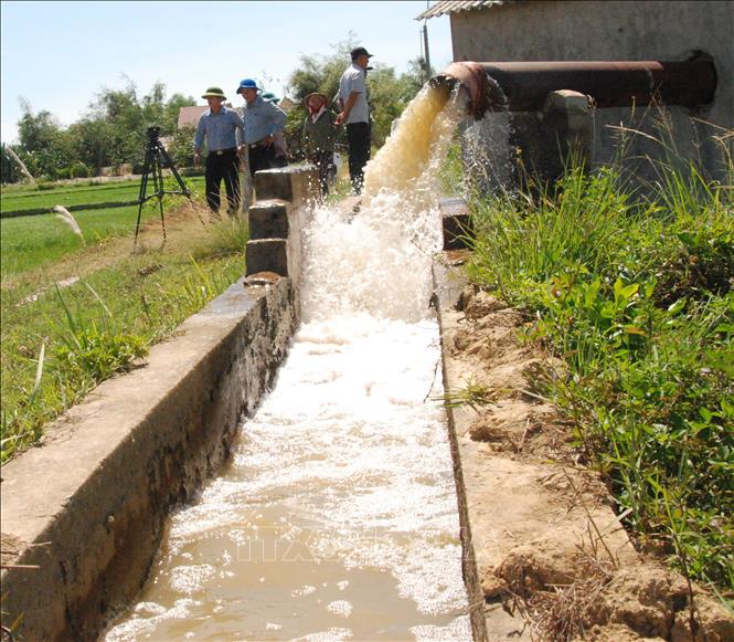 Trong ảnh: Ngành nông nghiệp tỉnh Quảng Trị huy động các máy bơm dã chiến tại các kênh mương, hồ đập chống hạn cho lúa. Ảnh: Thanh Thủy-TTXVN

