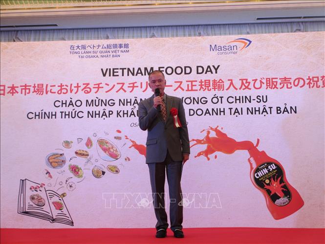 Trong ảnh: Ông Phạm Hồng Sơn, Phó Tổng Giám đốc Masan Consumer, phát biểu tại lễ ra mắt sản phẩm tương ớt Chin-Su tại thị trường Nhật Bản. Ảnh: Đào Tùng - Pv TTXVN tại Nhật Bản