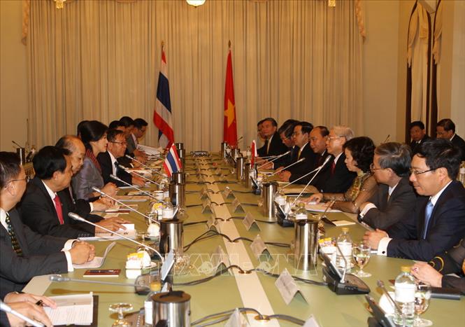 Trong ảnh: Tổng Bí thư Nguyễn Phú Trọng hội đàm với Thủ tướng Yingluck Shinawatra, trong chuyến thăm chính thức Thái Lan từ ngày 25 - 27/6/2013. Tại chuyến thăm này, Việt Nam và Thái Lan đã chính thức nâng cấp quan hệ hai nước lên Đối tác chiến lược. Thái Lan cũng là quốc gia đầu tiên trong ASEAN mà Việt Nam đặt cấp quan hệ Đối tác chiến lược. Ảnh: Trí Dũng - TTXVN