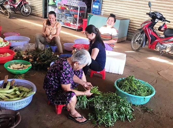 Trong ảnh: Nhóm cơ chay Thiện Duyên chuẩn bị nguyên liệu nấu cơm từ thiện. Ảnh:  K GỬIH -TTXVN 