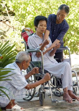 Trong ảnh: Chị Trần Thị Hoà, xã Gia Lập, huyện Gia Viễn, tỉnh Ninh Bình là bộ đội công binh Đoàn 559 Trường Sơn, bị nhiễm chất độc da cam/dioxin, teo liệt toàn thân, phải sống nương tựa vào sự chăm sóc của cha mẹ già. Ảnh: Dương Ngọc - TTXVN