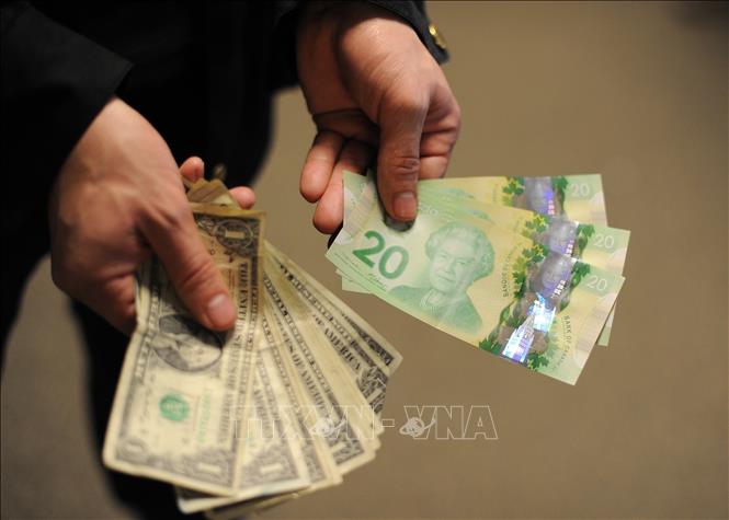 Trong ảnh: Đồng tiền 20 đôla Canada (phải) và đồng 1 đôla Mỹ (trái) tại Washington, DC. Ảnh: AFP/ TTXVN