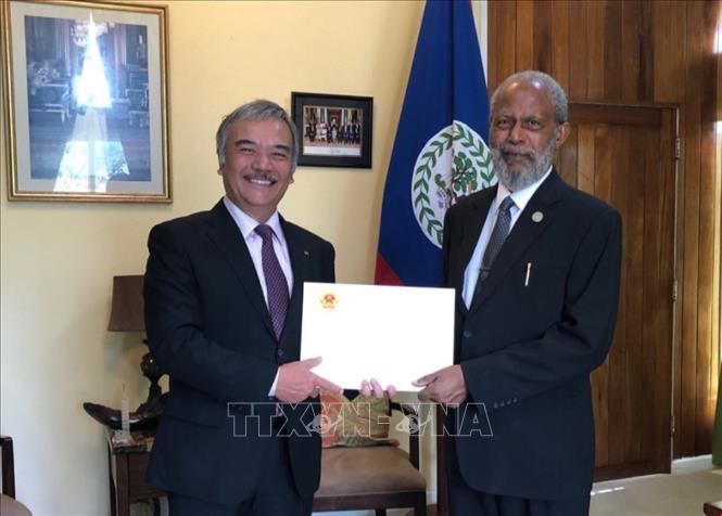 Đại sứ Nguyễn Hoài Dương trình Thư Ủy nhiệm lên Toàn quyền Belize, Colville Norbert Young. Ảnh: TTXVN phát