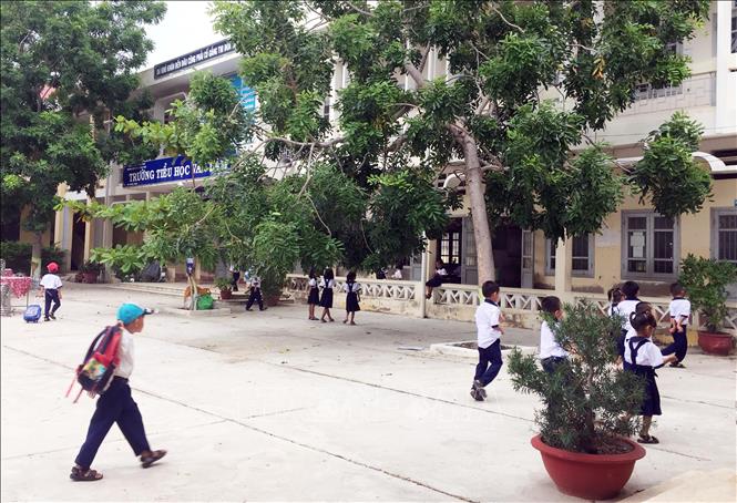 Các em học sinh dân tộc Chăm ở xã Phước Nam, huyện Thuận Nam đến trường học tiếng Việt trước ngày tựu trường. Ảnh: Công Thử - TTXVN