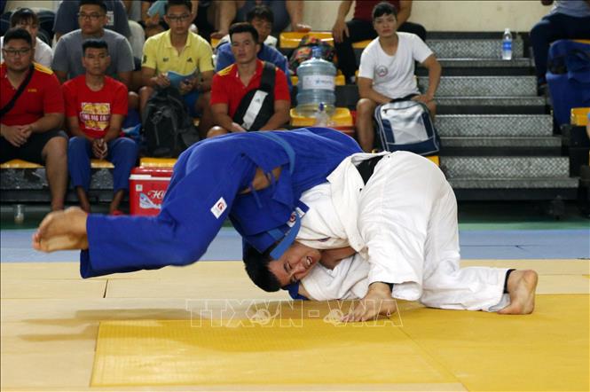 Trong ảnh: Vận động viên nam thi đấu đối kháng tại Giải Vô địch Judo toàn quốc năm 2019. Ảnh: Trần Lê Lâm - TTXVN 