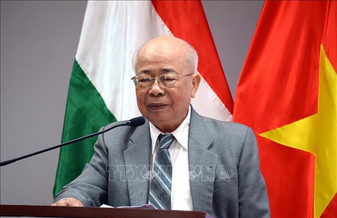 Trong ảnh: Giáo sư, Tiến sỹ Lê Minh Triết, Chủ tịch Hội Hữu nghị Việt Nam-Hungary Thành phố Hồ Chí Minh phát biểu chúc mừng Quốc khánh Hungary. Ảnh: Xuân Khu-TTXVN.